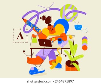 Female flat character of a graphic designer sitting at the desk creating a design. The illustrator is drawing abstract shapes with the stylus pen. A woman is working and her cute cat is nearby.