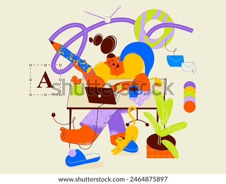 Female flat character of a graphic designer sitting at the desk creating a design. The illustrator is drawing abstract shapes with the stylus pen. A woman is working and her cute cat is nearby.