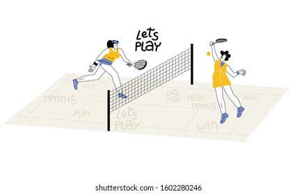 Female flat characters playing tennis on court. Women tennis tournament vector illustration. Girl with racquet starting point, serve shot. Racket sport game professional training