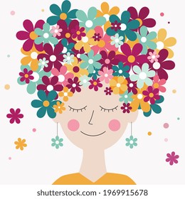 Female flat face with flowers instead of hair. Concept of spring, summer, mother's day. Greeting card.