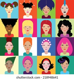 Female flat icon face set