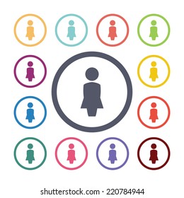 female flat icons set. Open round colorful buttons. Vector 