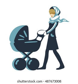 female, flat mom with a stroller vector isolated