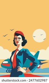 A female flight attendant against the background of an airplane and the sky, a female pilot, a postcard banner with a place for text for Flight Attendant Day, Aviation Day. Vector illustration