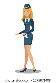 Female Flight Attendant Flat Vector Illustration. Beautiful Stewardess Serving in Plane. Airport Crew Member Waiting Passengers on Board. Woman Wear Professional Airlines Uniform Cartoon Character