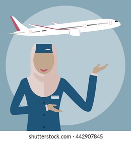 Female Flight Attendant, A Muslim Woman In Hijab. Muslim Airline. The Stewardess On The Plane Background. Arab Air Hostess Icon. Vector Illustration Flat Design