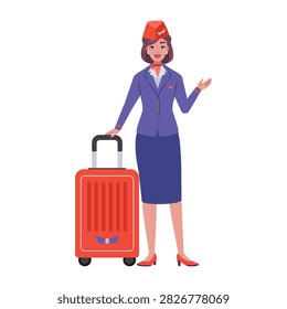 Female flight attendant standing with rolling suitcase and hand gesture. Flat vector illustration for airline crew, travel service and aviation.