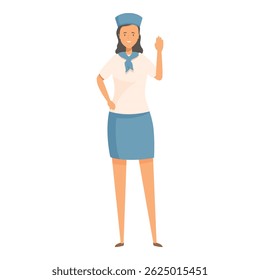 Female flight attendant in uniform waving hand while standing on white background