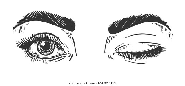 Female flirt winking eyes sketch engraving vector illustration. Scratch board style imitation. Hand drawn image. svg