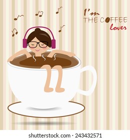 Female floating in the cup of coffee and listen to the music
