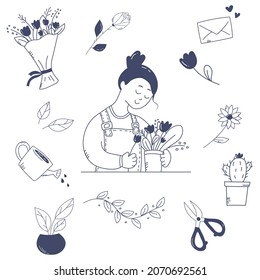 Female florist and floral thinga in doodle style on white background