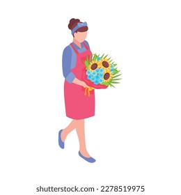 Female florist holding bunch of flowers with sunflower 3d isometric vector illustration