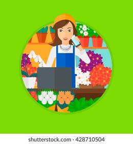 A female florist using telephone and laptop to take orders for flower shop. A florist standing behind the counter at flower shop. Vector flat design illustration in the circle isolated on background.