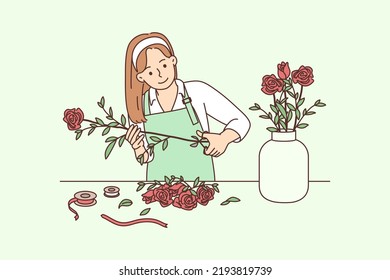 Female florist working with flowers in workshop. Happy woman gardener cutting roses making bouquet in shop. Vector illustration. 