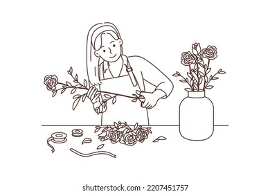 Female florist working with flowers in workshop. Happy woman gardener cutting roses making bouquet in shop. Vector illustration. 