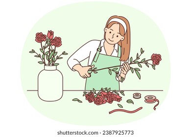 Female florist working with flowers in workshop. Happy woman gardener cutting roses making bouquet in shop. Vector illustration.