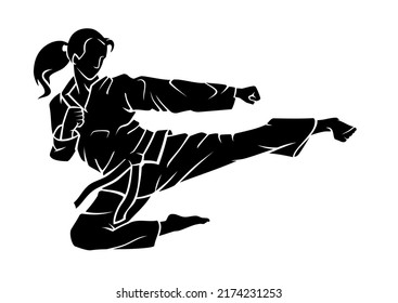 Female Flying Kick, Karate or Taekwondo Contact Sport Silhouette