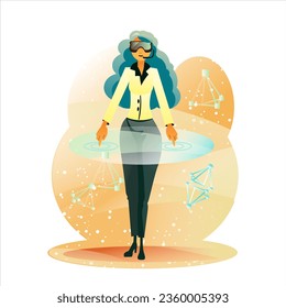 Mujeres volando en el espacio, mirando constelaciones. Concepto moderno de nuevas tecnologías. Gente en concepto de realidad virtual. Ilustración vectorial plana en estilo de dibujos animados