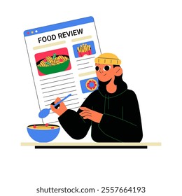 Female Food Blogger Reviewing A Dish With Food Review Page In Flat Vector Illustration Symbolizing Culinary Blogging, Tasting Experiences, And Digital Food Reviews, Isolated On White Background