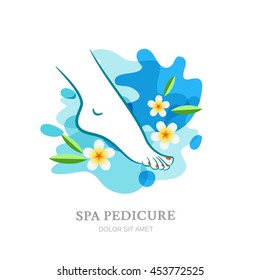 Female foot and flowers on water splash background. Vector logo, label, emblem design elements. Concept for beauty salon, spa pedicure, foot cosmetic, organic care. Isolated illustration.