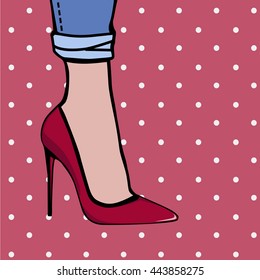 female foot on polka dot background. pop art style illustration on red background