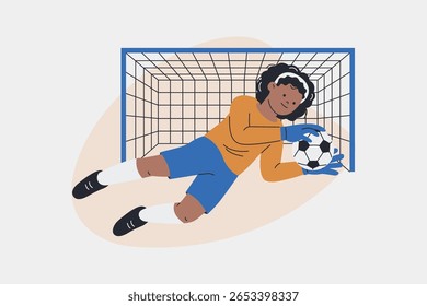 Goleiro de Futebol Feminino Mergulhando para Salvar Bola de Futebol no Vetor do Jogo