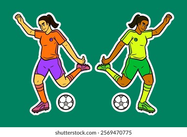 Female Football Player Doodle Sticker Illustration