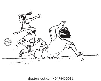 A female football player get sliding tackle. Illustration black and white and vector format.