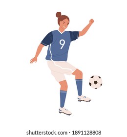 Female football player kicking ball by foot. Young woman playing soccer in blue sports clothes, boots and stockings. Colored flat vector illustration isolated on white background.