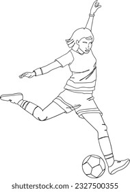 Weiblicher Fußballspieler, der den Ball in der Umriss-Vektorgrafik der Luft kickt. Fußballer Frau zitiert die Kugel Linie Kunst Vektorgrafik, Seitenansicht.