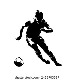 Female football player running with ball, soccer, isolated vector silhouette