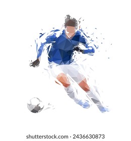 Jugador de fútbol femenino que corre con la bola, fútbol, ilustración vectorial aislada de bajo poli, dibujo geométrico de triángulos