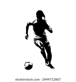 Female football player running with ball, soccer, isolated vector silhouette