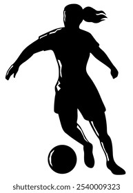 Female football player running with the ball. Woman playing soccer, silhouette illustration. Kicking, goal, match, sports.