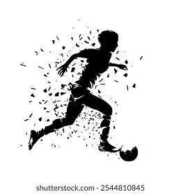 Female football player running with ball, woman playing soccer, isolated vector silhouette, side view