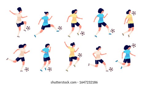 Female football players. Isolated sports people. Women soccer team, cute active person. Workout for girls characters in uniform vector set