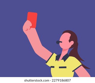 Female football referees with red card. Flat vector illustration