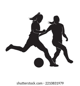 Female football. silhouette of athlete soccer players with ball in motion, action isolated on white background.