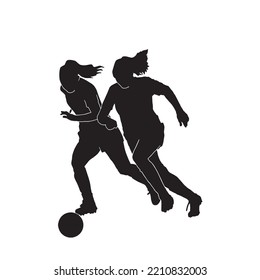 Frauenfußball. Silhouette von Athleten Fußball-Spieler mit Ball in Bewegung, Aktion einzeln auf weißem Hintergrund.