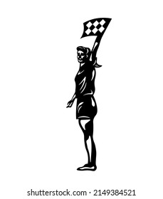 Female Football, Soccer Referee Silhouette. Black Figure With A Flag.