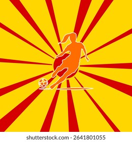 Female football symbol on a background of red flash explosion radial lines. A large orange symbol is located in the center of the sunrise. Vector illustration on yellow background