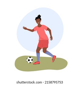 Female Football. Womens Soccer Game. Flat Vector Illustration Of African American Woman Playing Football. Girl Player Isolated.