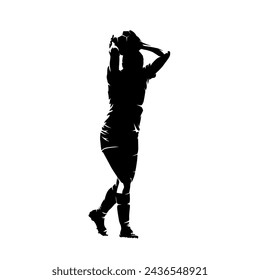 Female footballer makes a throw-in, isolated vector silhouette. Woman playing soccer