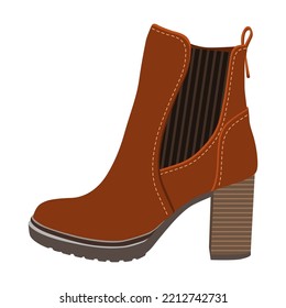 Female footwear flat picture for web design. Cartoon stylish seasonal brown autumn boots isolated vector illustration