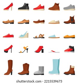 Female footwear set. Woman sneakers, shoes, trainers, slippers, boots, high heel, sandals for different seasons isolated on white background. Vector illustration