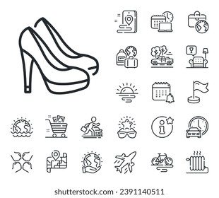 Female footwear sign. Plane jet, travel map and baggage claim outline icons. Women shoes line icon. Fashion high heels symbol. Shoes line sign. Car rental, taxi transport icon. Place location. Vector