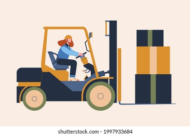 Female forklift driver at work. Flat style illustration of a woman operating forklift and moving cardboard boxes in warehouse on beige background