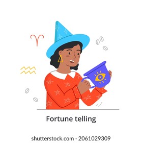 Female fortune teller concept. Woman in wizard hat holds magic mug and predicts future using coffee grounds. Mystical superpowers. Cartoon flat vector illustration isolated on white background