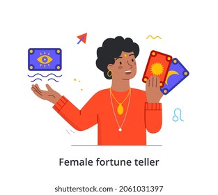 Female fortune teller concept. Woman holds tarot cards in her hands and predicts future. Witch reads fate by magic symbols and signs. Cartoon flat vector illustration isolated on white background
