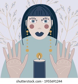 Female Fortune teller, flame witch, character. Flat vector illustration. Modern witch, spirituality concept. Magic woman, witchcraft, and esoteric mystery.